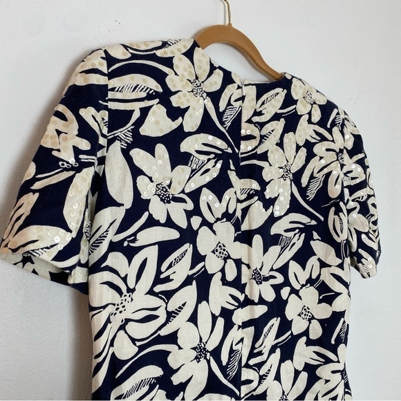 Vintage BILL BLASS Womans Linen Shift Short Sleeve Dress Sequined Beaded 12 - Picture 9 of 15